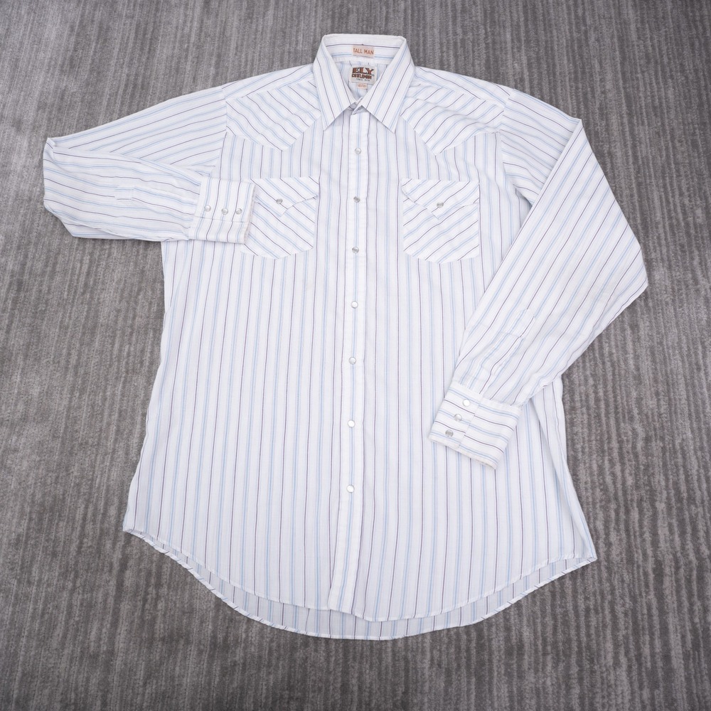 Ely Cattleman Western Shirt Mens LG Tall White Striped Pearl Snap Excellent
